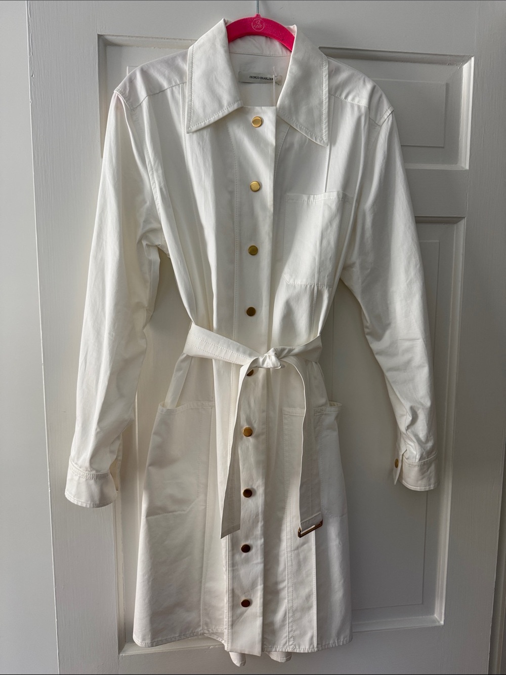 Minimal White Long-Sleeve Shirt Dress with Waist Tie